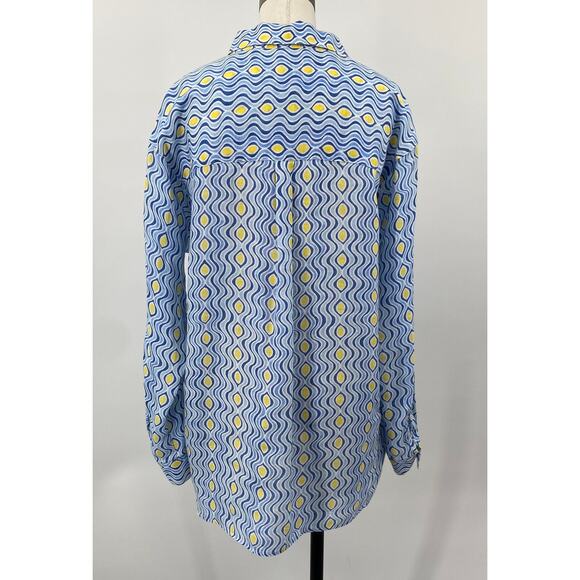 J McLaughlin Fallon Linen Blouse Long Sleeve Costa Key Print Blue Womens Medium - Picture 6 of 11